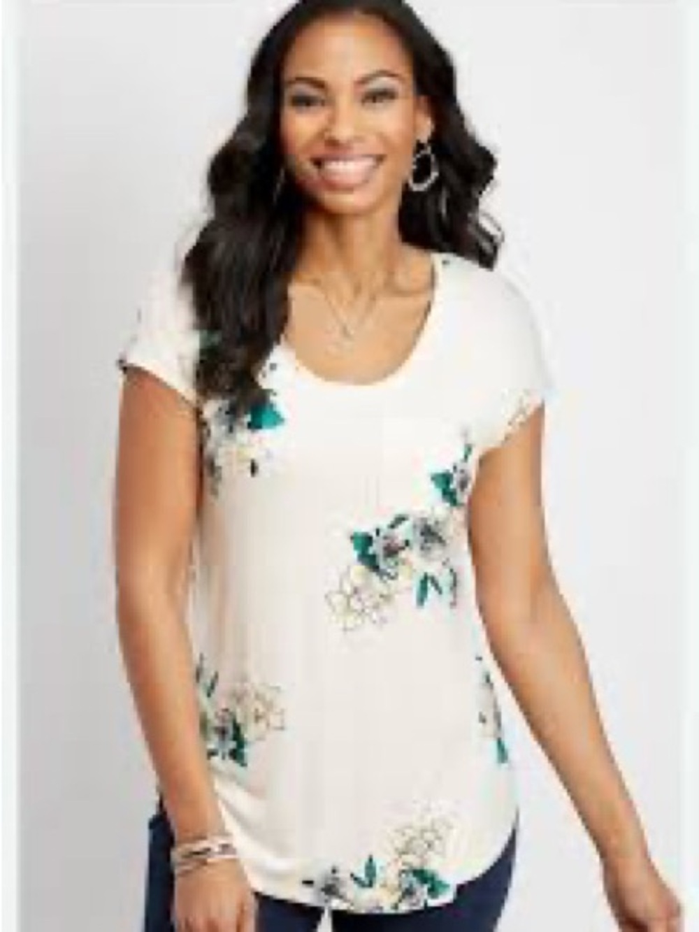 Maurices Cream Short Sleeve Scoop Neck Floral Tee